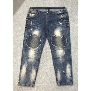 Bleecker & Mercer Jeans Mens 44x32 Blue Tapered Moto Distressed Stretch Denim